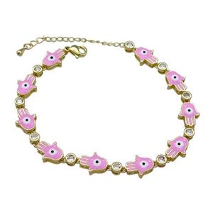 Copper Hamsahand Bracelet Evil Eye Pink Enamel Gold Plated, approx 9-11mm, 17-24cm length