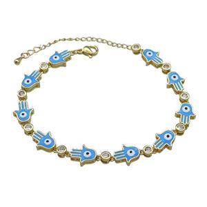 Copper Hamsahand Bracelet Evil Eye Blue Enamel Gold Plated, approx 9-11mm, 17-24cm length