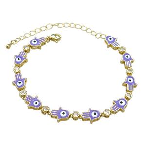 Copper Hamsahand Bracelet Evil Eye Lavender Enamel Gold Plated, approx 9-11mm, 17-24cm length