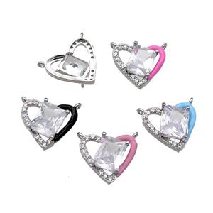 Copper Heart Pendant Pave Zircon Mix Enamel Platinum Plated, approx 15-17.5mm