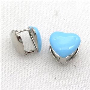 Copper Latchback Earring Blue Enamel Heart Platinum Plated, approx 13mm