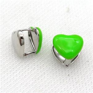 Copper Latchback Earring Green Enamel Heart Platinum Plated, approx 13mm