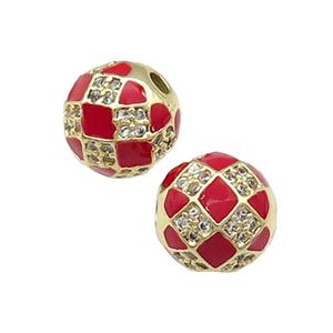 Round Copper Beads Pave Zircon Red Enamel Football Sport Gold Plated, approx 10mm dia