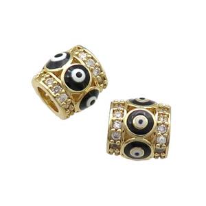 Copper Tube Beads Pave Zircon Black Enamel Evil Eye Large Hole Gold Plated, approx 9-10mm, 5mm hole