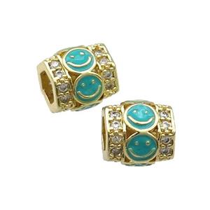 Copper Tube Beads Pave Zircon Teal Enamel Emoji Gold Plated, approx 9-10mm, 4mm hole