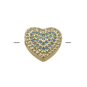 Copper Heart Beads Pave Turq Zircon Gold Plated, approx 12-14mm