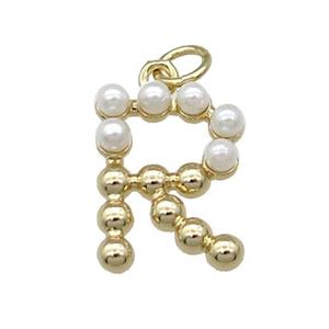 Copper Letter-R Pendant Pave Pearlized Glass Gold Plated, approx 15mm