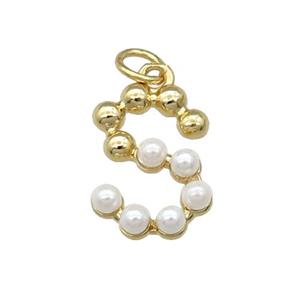 Copper Letter-S Pendant Pave Pearlized Glass Gold Plated, approx 15mm