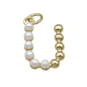 Copper Letter-U Pendant Pave Pearlized Glass Gold Plated, approx 15mm