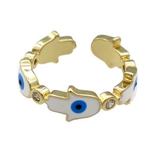 Copper Hamsahand Ring White Enamel Evil Eye Gold Plated, approx 6.5mm, 18mm dia