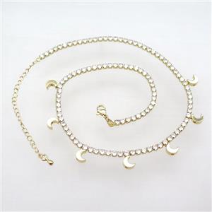 Copper Necklace Pave Zircon Moon Gold Plated, approx 3mm, 8mm, 38-46cm length