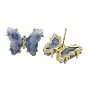 Blue Dalmatian Jasper Butterfly Stud Earring Gold Plated, approx 15-19mm