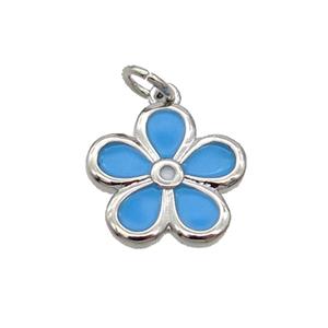 Copper Flower Pendant Blue Enamel Platinum Plated, approx 12.5mm