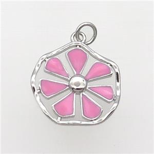 Copper Flower Pendant Pink Enamel Platinum Plated, approx 19mm