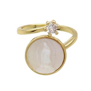 Copper Ring Pave Zircon Jesus MOP Shell Gold Plated, approx 5mm, 13.5mm, 18mm dia