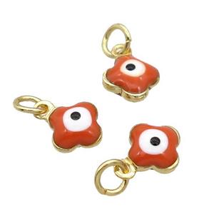 Copper Clover Pendant Orange Enamel Eye 18K Gold Plated, approx 6.5mm