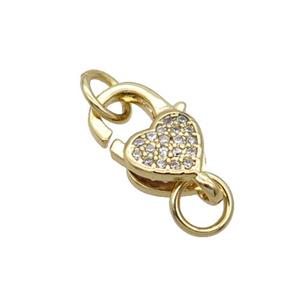 Copper Lobster Clasp Pave Zircon Heart Unfade 18K Gold Plated, approx 9-13mm