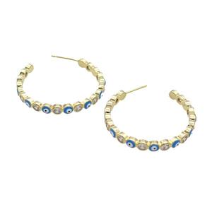 Copper Stud Earring Pave Zircon Blue Enamel Evil Eye Gold Plated, approx 4mm, 30mm dia