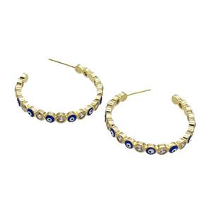 Copper Stud Earring Pave Zircon Lapisblue Enamel Evil Eye Gold Plated, approx 4mm, 30mm dia