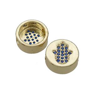 Copper Button Beads Pave Blue Zircon Hamsahand Gold Plated, approx 11mm dia