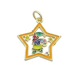 Copper Santa Claus Pendant Pave Zircon Orange Enamel Star Gold Plated, approx 18mm