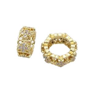 Copper Rondelle Beads Pave Zircon Large Hole Gold Plated, approx 10mm dia