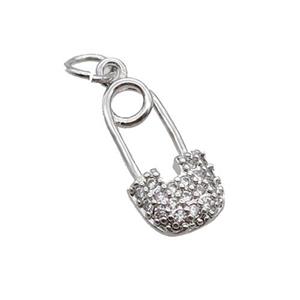 Copper Pendant Pave Zircon Safety Pin Platinum Plated, approx 8-16mm