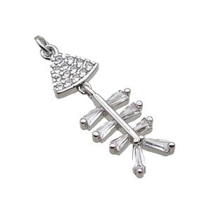 Copper Fishbone Pendant Pave Zircon Platinum Plated, approx 9.5-24mm