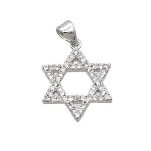 Copper David Star Pendant Pave Zircon Platinum Plated, approx 15mm