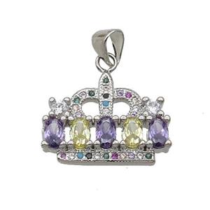 Copper Crown Pendant Pave Zircon Multicolor Platinum Plated, approx 15-19.5mm