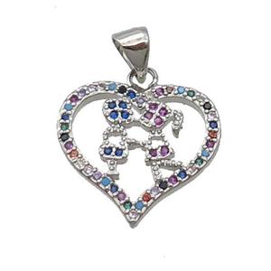 Copper Heart Pendant Pave Zircon Couple Multicolor Platinum Plated, approx 18mm