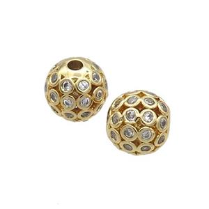 Copper Round Beads Pave Zircon Hollow Gold Plated, approx 8mm dia