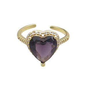 Copper Ring Pave Zircon Purple Crystal Heart Gold Plated, approx 12-13mm, 18mm dia