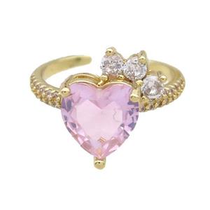 Copper Ring Pave Zircon Pink Crystal Heart Gold Plated, approx 10mm, 18mm dia