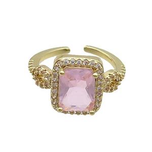 Copper Ring Pave Zircon Pink Crystal Rectangle Gold Plated, approx 10-12mm, 18mm dia