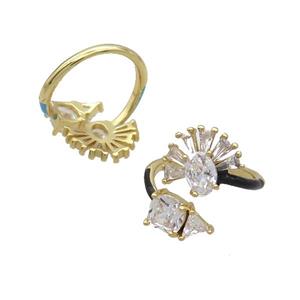 Copper Ring Pave Zircon Clear Crystal Black Enamel Gold Plated, approx 6-11mm, 14mm, 18mm dia