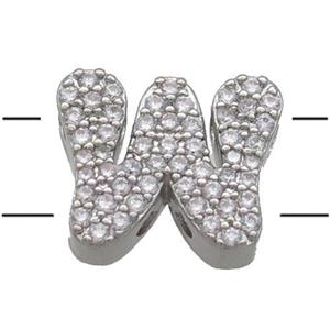 Copper Alphabet Beads Pave Zircon Letter-W 2holes Platinum Plated, approx 10-13mm