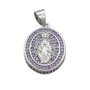 Copper Jesus Pendant Pave Purple Zircon Oval Platinum Plated, approx 16-19mm