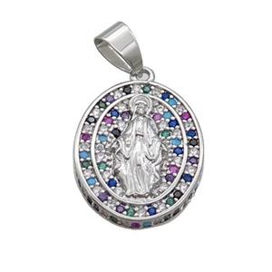 Copper Jesus Pendant Pave Zircon Multicolor Oval Platinum Plated, approx 16-19mm