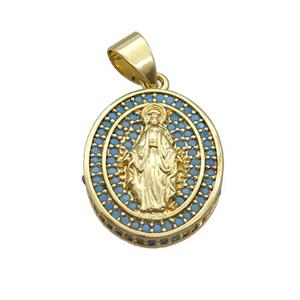 Copper Jesus Pendant Pave Turq Zircon Oval Gold Plated, approx 16-19mm