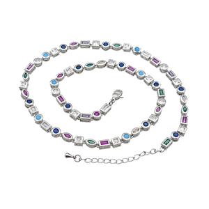 Copper Necklace Pave Zircon Multicolor Platinum Plated, approx 4-5mm, 41-45cm length