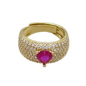 Copper Ring Pave Zircon Hotpink Crystal Glass Heart Adjustable Gold Plated, approx 6mm, 9mm, 18mm dia