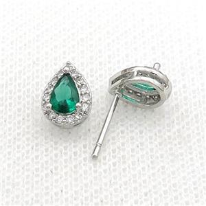 Copper Stud Earring Pave Green Crystal Teardrop Platinum Plated, approx 7-9mm