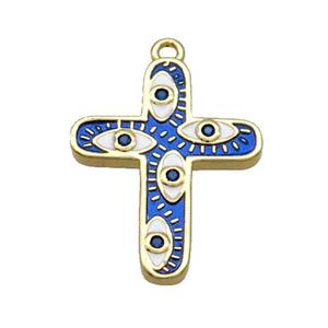 Copper Cross Pendant Pave Zircon RoyalBlue Enamel Eye Gold Plated, approx 16-21mm