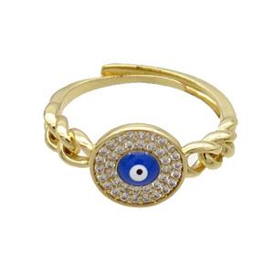 Copper Ring Pave Zircon Blue Enamel Evil Eye Adjustable Gold Plated, approx 10mm, 18mm dia