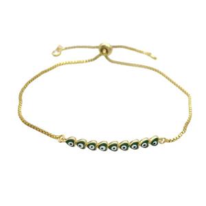 Copper Bracelet Green Enamel Evil Eye Heart Adjustable Gold Plated, approx 4-35mm, 20-27cm length