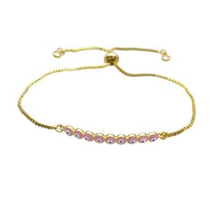 Copper Bracelet Pink Enamel Evil Eye Adjustable Gold Plated, approx 4-35mm, 20-27cm length