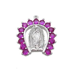 Copper Pendant Pave Zircon Virgin Mary Religious Platinum Plated, approx 17-17.5mm