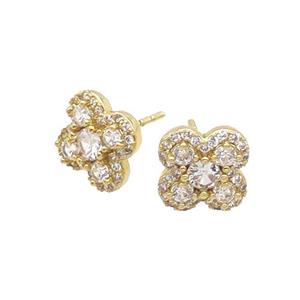 Copper Stud Earring Pave Zircon Clover Gold Plated, approx 11mm