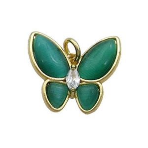 Copper Butterfly Pendant Pave Green Catseye Gold Plated, approx 16-18mm